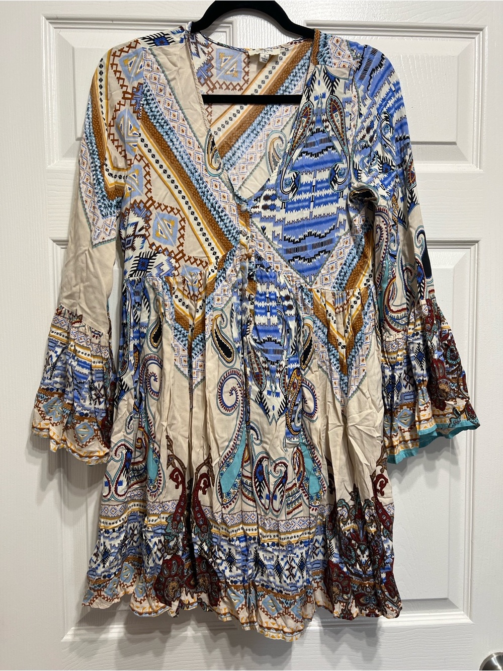 Umgee Cream Tunic with Blue and Brown Paisley Patchwork